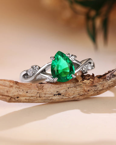 MABEL Nature Inspired Pear Cut Emerald Leaf Twist Engagement Ring