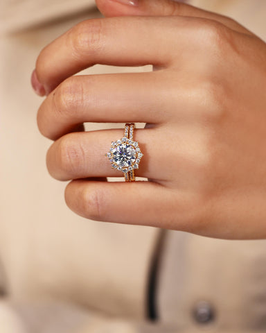 JASMINE Round Halo Moissanite Bridal Ring Set with Pave Band