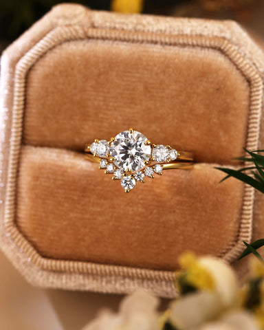 ANNE Round Cut Moissanite Cluster Engagement Ring Set with Curved Wedding Band