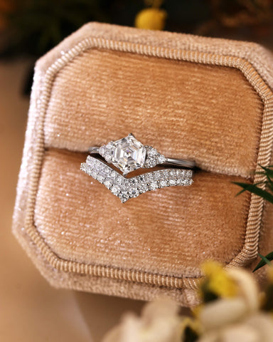 GEMMA Hexagon Cut Moissanite Engagement Ring Set with Curved Band