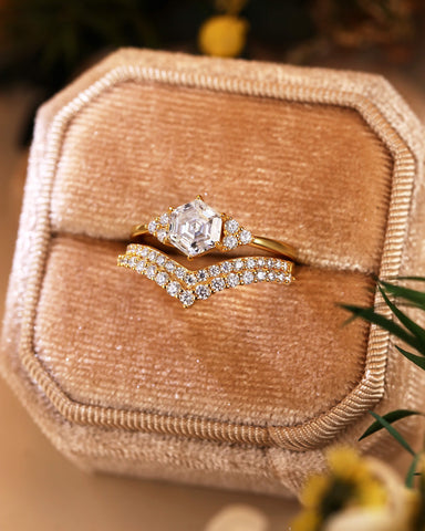 GEMMA Hexagon Cut Moissanite Engagement Ring Set with Curved Band