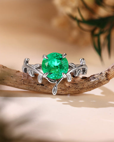 LORELEI Nature Inspired Round Shaped Emerald Leafy Engagement Ring