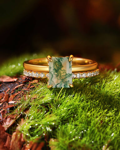 LIORAH Hidden Halo Emerald Moss Agate Ring Set