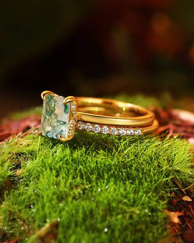LIORAH Hidden Halo Emerald Moss Agate Ring Set