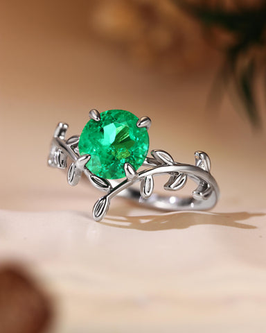 LORELEI Nature Inspired Round Shaped Emerald Leafy Engagement Ring