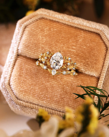 SCARLETT Pear Cut Moissanite Vintage Floral Engagement Ring Set with leaf Wedding Band