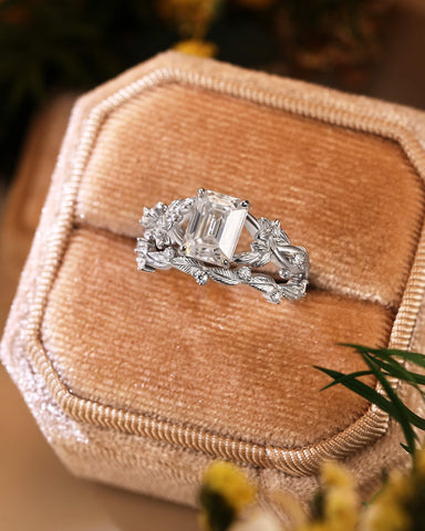 BERTHA Emerald Cut Moissanite Nature Inspired Bridal Ring Set with Leaf Wedding Band