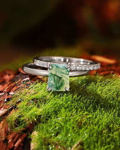 LIORAH Hidden Halo Emerald Moss Agate Ring Set