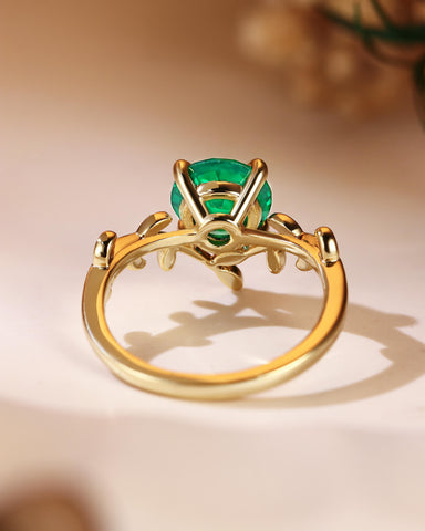LORELEI Nature Inspired Round Shaped Emerald Leafy Engagement Ring