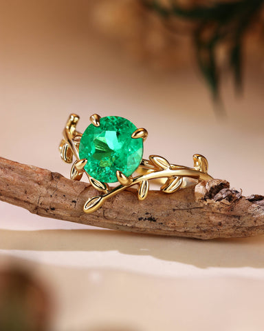 LORELEI Nature Inspired Round Shaped Emerald Leafy Engagement Ring