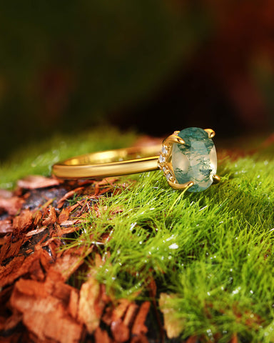 ARIA Natural Moss Agate Oval Cut Engagement Ring