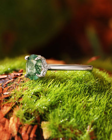 ARIA Natural Moss Agate Oval Cut Engagement Ring