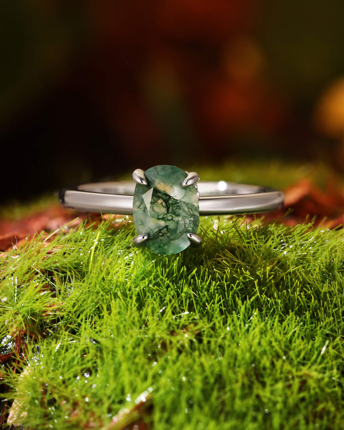 ARIA Natural Moss Agate Oval Cut Engagement Ring