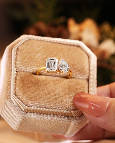 ALMA Pear and Emerald Cut Moissanite Diamond Toi et Moi Engagement Ring