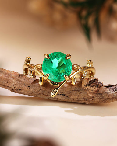 LORELEI Nature Inspired Round Shaped Emerald Leafy Engagement Ring
