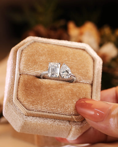 ALMA Pear and Emerald Cut Moissanite Diamond Toi et Moi Engagement Ring