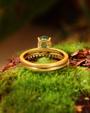 GOLDIE Oval Cut Hidden Halo Moss Agate Ring Set