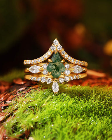 ELYSIA Vintage Kite Cut Moss Agate Engagement Ring Set