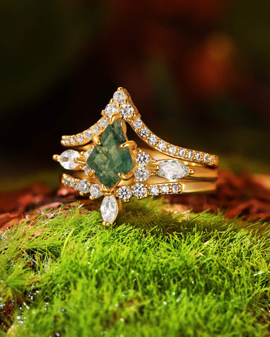 ELYSIA Vintage Kite Cut Moss Agate Engagement Ring Set