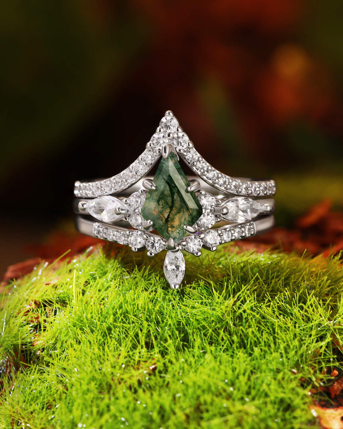 ELYSIA Vintage Kite Cut Moss Agate Engagement Ring Set