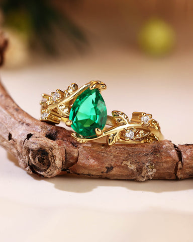IVARA Nature Inspired Pear Cut Emerald Leafy Engagement Ring