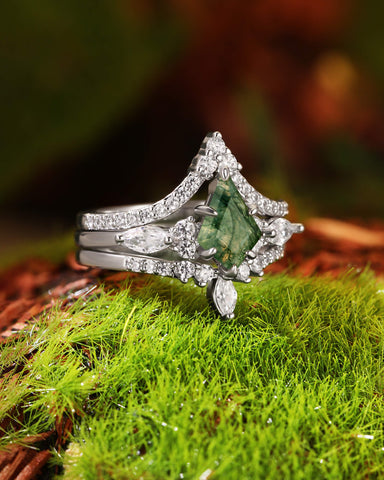 ELYSIA Vintage Kite Cut Moss Agate Engagement Ring Set