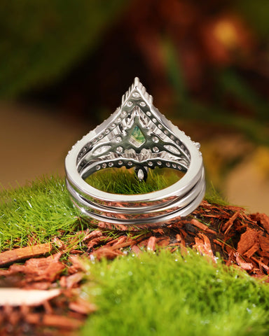 ELYSIA Vintage Kite Cut Moss Agate Engagement Ring Set