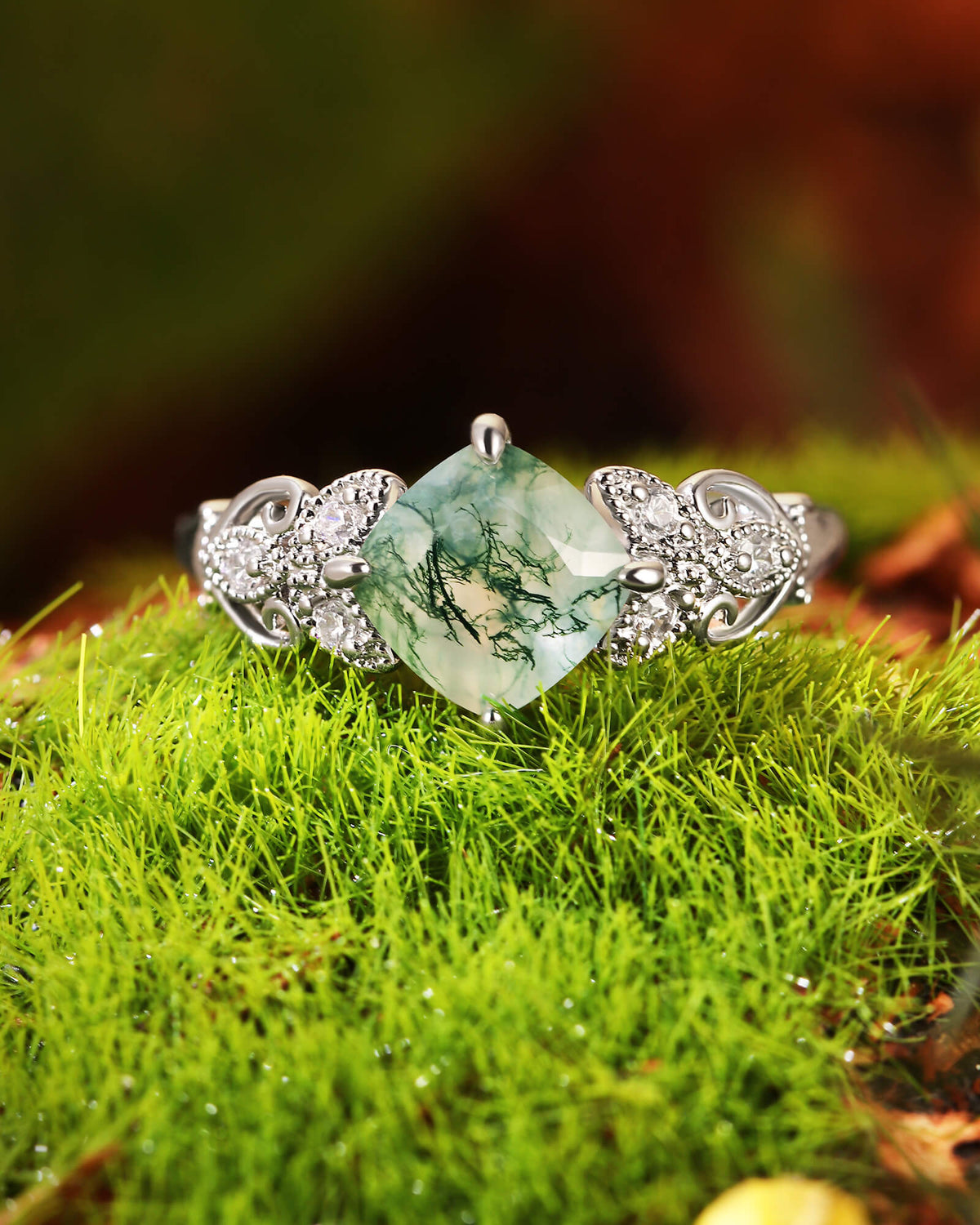 BREEZE Leaf Cushion Shaped Moss Agate Engagement Ring