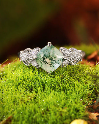 BREEZE Leaf Cushion Shaped Moss Agate Engagement Ring