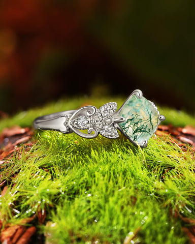 BREEZE Leaf Cushion Shaped Moss Agate Engagement Ring