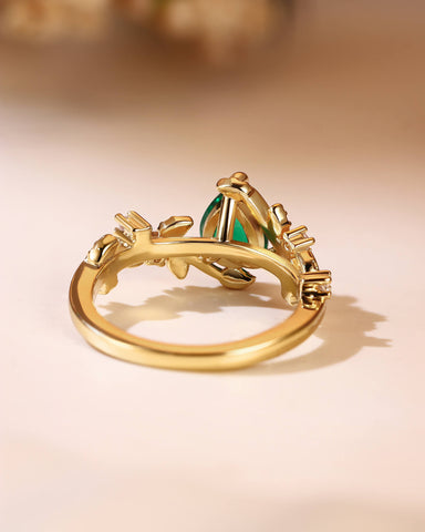 IVARA Nature Inspired Pear Cut Emerald Leafy Engagement Ring
