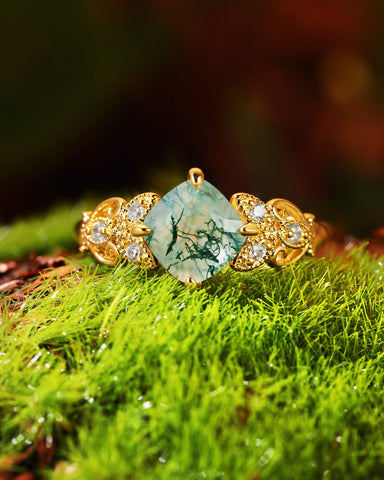BREEZE Leaf Cushion Shaped Moss Agate Engagement Ring