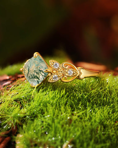 BREEZE Leaf Cushion Shaped Moss Agate Engagement Ring