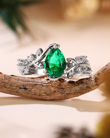 IVARA Nature Inspired Pear Cut Emerald Leafy Engagement Ring