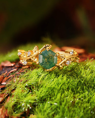 IVA Bypass Hexagon Cut Moss Agate Engagement Ring with Vine Leaf