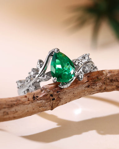 IVARA Nature Inspired Pear Cut Emerald Leafy Engagement Ring