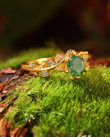 IVA Bypass Hexagon Cut Moss Agate Engagement Ring with Vine Leaf