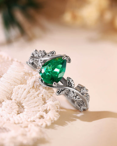 IVARA Nature Inspired Pear Cut Emerald Leafy Engagement Ring