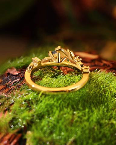 IVA Bypass Hexagon Cut Moss Agate Engagement Ring with Vine Leaf