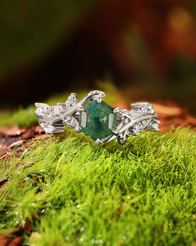 IVA Bypass Hexagon Cut Moss Agate Engagement Ring with Vine Leaf