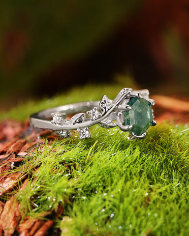 IVA Bypass Hexagon Cut Moss Agate Engagement Ring with Vine Leaf