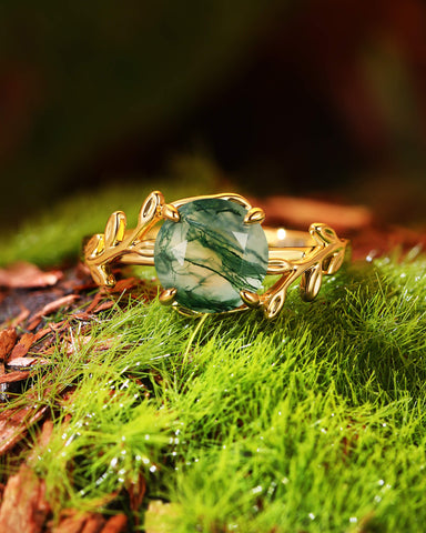 CHLORIS Round Cut Moss Agate Natural Inspired Leaf Engagement Ring