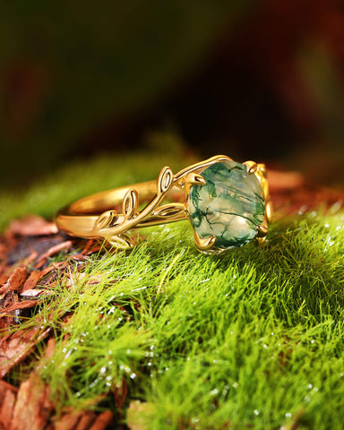 CHLORIS Round Cut Moss Agate Natural Inspired Leaf Engagement Ring