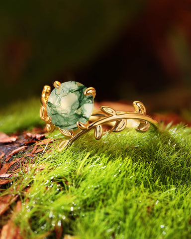 LORELEI Round Shaped Moss Agate Leaf Vine Engagement Ring