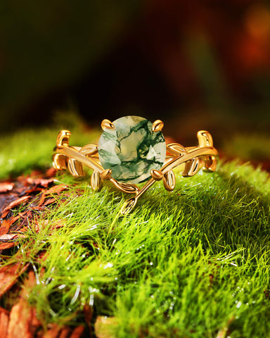 LORELEI Round Shaped Moss Agate Leaf Vine Engagement Ring