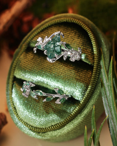 ROWENNA  Leaf Kite Cut Moss Agate Ring Set