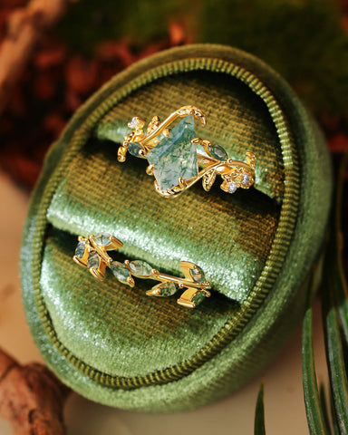 ROWENNA  Leaf Kite Cut Moss Agate Ring Set