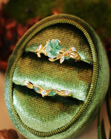 JUNIA Vine Leaf Oval Moss Agate Ring Set