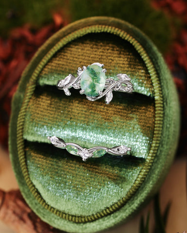JUNIA Vine Leaf Oval Moss Agate Ring Set