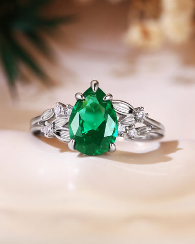 WINOLA Nature Inspired Pear Cut Emerald Leaf Engagement Ring
